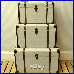 Set 3 Rustic Linen Fabric Covered Wooden Large Storage Trunk Chest