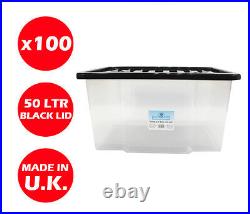 100 X 50litre Plastic Storage Box! Quality Container With Black Lid! Stackable