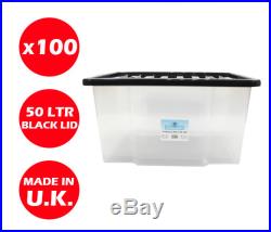 100 X 50litre Plastic Storage Box! Quality Container With Black Lid! Stackable