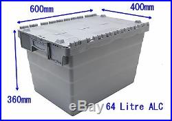 10 New Large Plastic Removal Storage Crate Box Container with Attached Lids 64L