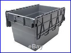 10 New Large Plastic Removal Storage Crate Box Container with Attached Lids 64L