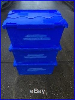 10 X Large Heavy Duty Plastic Moving Storage Lidded Tote Boxes 70x46x34cm 90Ltr