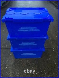 10 X Large Heavy Duty Plastic Moving Storage Lidded Tote Boxes 70x46x34cm 90Ltr