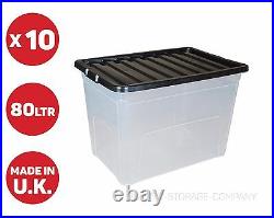 10 x 80 LITRE PLASTIC STORAGE BOX STRONG EXTRA LARGE BLACK LID CHEAP