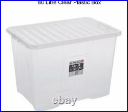 10 x 80 Litre CLEAR PLASTIC Large Storage Box With Lids Strong Nestable