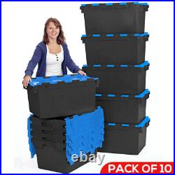 10 x LARGE Plastic Crates Storage Box Containers 80L Black Body with Blue Lid