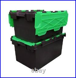 10 x LARGE Plastic Crates Storage Box Containers 80L Black Body with Green Lid