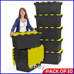 10 x LARGE Plastic Crates Storage Box Containers 80L Black Body with Yellow Lid
