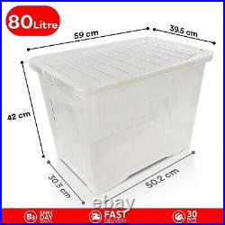 10x Clear Plastic Storage Boxes with Lids 80 Litre Stackable Office Home Kitchen