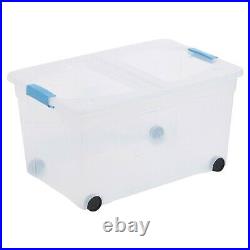 110 Litre Large Plastic Clip Storage Box Folding Lid Wheels Stackable Container