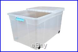 110 Litre Plastic Storage Boxes with Lids Large Clear Box Clip Lid & Wheels