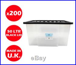 200 X 50litre Plastic Storage Box! Quality Container With Black Lid! Stackable