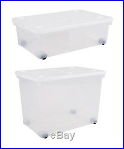 2 x Large Plastic Storage Boxes with Lids Wheels Stackable Under Bed Container