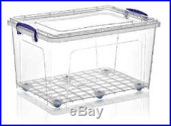 2 x Large Strong 80L Clear Plastic Storage Box Boxes Wheels Lid Container #30168