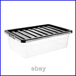 32L Clear Plastic Storage Boxes Black Lids Home Office Stackable Strong Quality