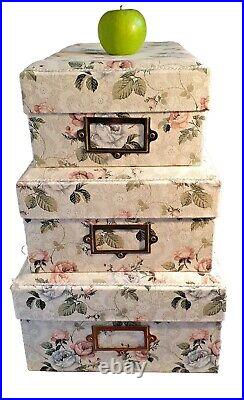 3 LARGE Stackable Storage boxes padded floral fabric Superb Vintage Condition