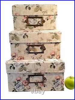 3 LARGE stackable vintage Storage boxes padded floral fabric Superb Condition