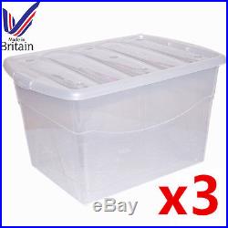 3 x 100L 100 Litre Extra Large Plastic Storage Clear Box Stackable Container Lid