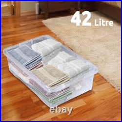 42 Litre Plastic Storage Boxes with Lids Clear Stackable Box Home Office Kitchen