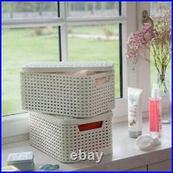 4x Storage Box Container Basket 4x 30L Lidded Handle Curver Rattan Style L HQ UK
