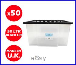 50 X 50litre Plastic Storage Box! Quality Container With Black Lid! Stackable