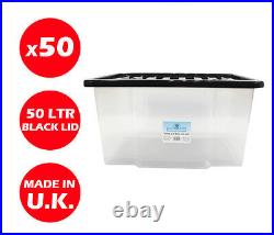 50 X 50litre Plastic Storage Box! Quality Container With Black Lid! Stackable