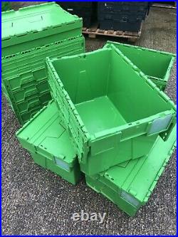 50 X Heavy Duty Large Plastic Storage Tote Boxes 70x47cm Hinge Lids Stackable