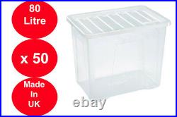 50 x 80 LITRE PLASTIC STORAGE BOX STRONG BOX USEFUL CLEAR LID EXTRA LARGE X 50
