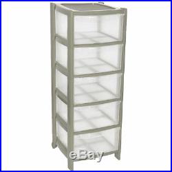 5 Plastic Storage Drawers Large Towers Chest Unit With Wheels Toy Clothes Silver