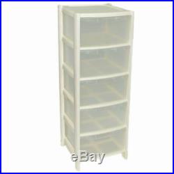 5 Plastic Storage Drawers Large Towers Chest Unit With Wheels Toys Clothes Cream