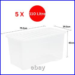 5 X Plastic 110L Stackable Storage Box With Lid Clear Containers Office Home