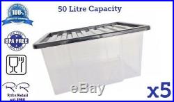 5 x 50L 50Litre Strong Large Clear Plastic Storage Box Boxes Container BPA Free
