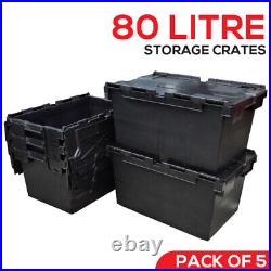 5 x LARGE Black Plastic Crates Storage Box Containers 80L New Boxes