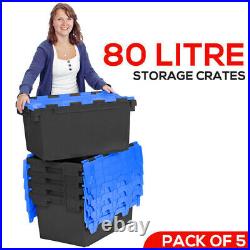 5 x LARGE Plastic Crates Storage Box Containers 80L Black Body with Blue Lid