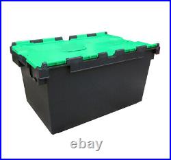 5 x LARGE Plastic Crates Storage Box Containers 80L Black Body with Green Lid