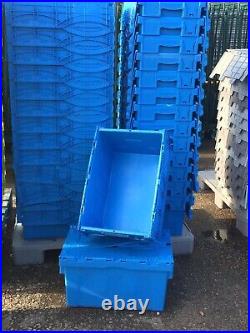 5 x LARGE USED TOTE BOX / ATTACHED LID CONTAINER / CRATE 600x400x350mm VGC