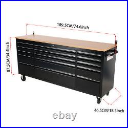 72Inch Heavy Duty Tool Chest With 15 Drawers Garage Large Storage Box Wooden Top