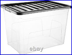 80L Plastic Storage Boxes Clear Black Lids Home Office Stackable Strong Quality