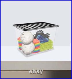 80L Plastic Storage Boxes Clear Black Lids Home Office Stackable Strong Quality