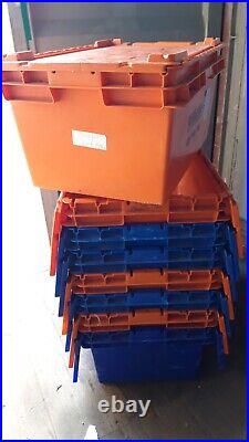 8 LARGE Used Lidded Plastic Removal Storage Crates Box Container