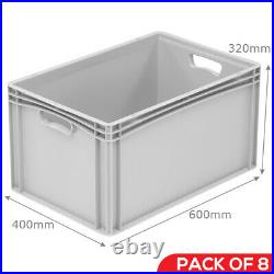 8 x (600 x 400 x 320mm) Grey Euro Stacking Containers with Hand Holes