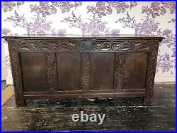 A Large Antique Carved Oak Coffer Blanket Box Storage Chest Table