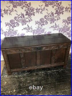 A Large Antique Carved Oak Coffer Blanket Box Storage Chest Table