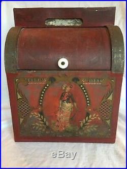 Antique Vintage Large Red Tin Painted Bread Box Tea Coffee Storage Art Nouveau