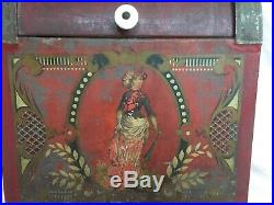Antique Vintage Large Red Tin Painted Bread Box Tea Coffee Storage Art Nouveau