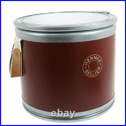 Authentic HERMES Logos Drum Saddle Storage Box Can Brown Silver Vintage AK25433e