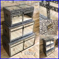 Blackened Silver Metal Embossed Mirrored Glass Trunks Storage Chest Set Of 3