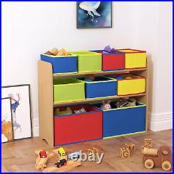 Children Kids Wooden Toy Storage Unit Playroom Shelf Rack With 9 Boxes Organizer