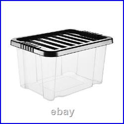 Clear Plastic Storage 24L Boxes Black Lids Home Office Stackable Strong Quality