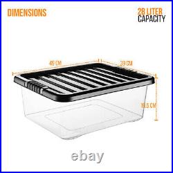 Clear Plastic Storage 28L Boxes Black Lids Home Office Stackable Strong Quality